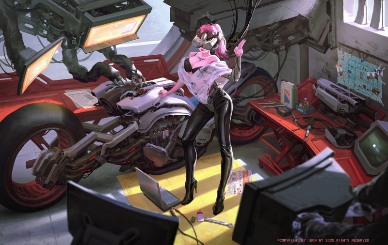 women, Garage, 4K, computer, motorcycle, VR Headset, cyberpunk