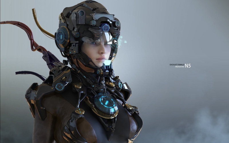 headshot, waist up, looking away, robot, lifestyles, nature, helmet, 3D, outdoors, real people, 720P, looking, holding, digital art, cyborg, headwear