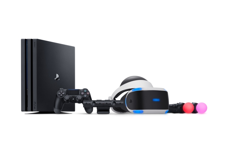 Playstation 4 Pro, black color, PlayStation camera, PlayStation VR, still life, indoors, connection, single object, PS4 Pro, Dualshock V2, wireless technology