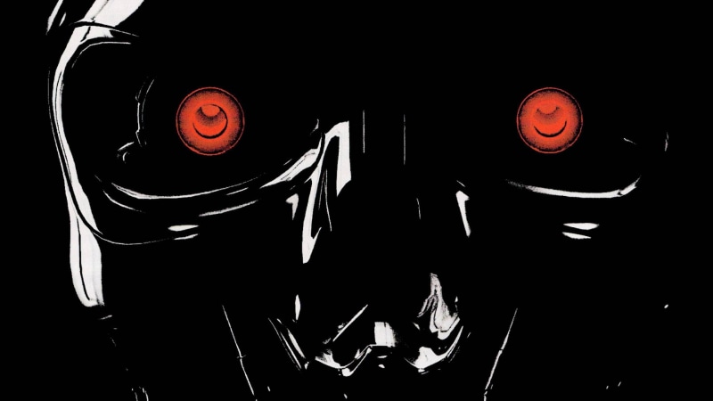glowing, light - natural phenomenon, cyborg, robot, indoors, movies, black, 2K, Terminator, close-up, illuminated, d, red light, red, sign, no people