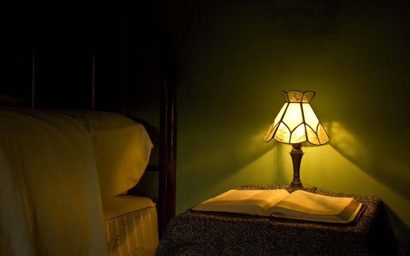 lamp shade, lighting equipment, table, dark, home interior, glowing, beside, Still Life, Bible, Bed, electric lamp, side table, book, furniture, 4K, black