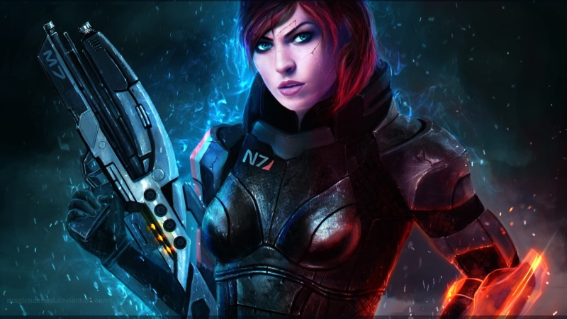 black, arts culture and entertainment, illuminated, portrait, technology, young women, digital, waist up, adult, Mass Effect, suit, beautiful woman, dark blue