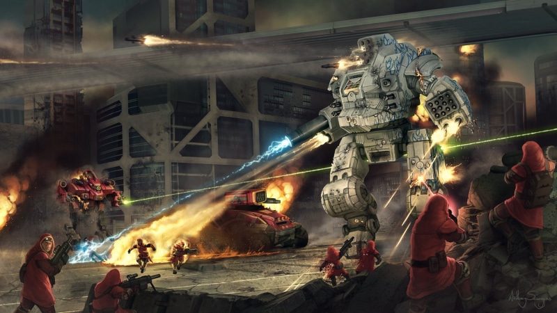 outdoors, building exterior, 1mechw, men, blurred motion, religion, mech, Fighting, street, MechWarrior, sci, mecha, night, group of people, women, action