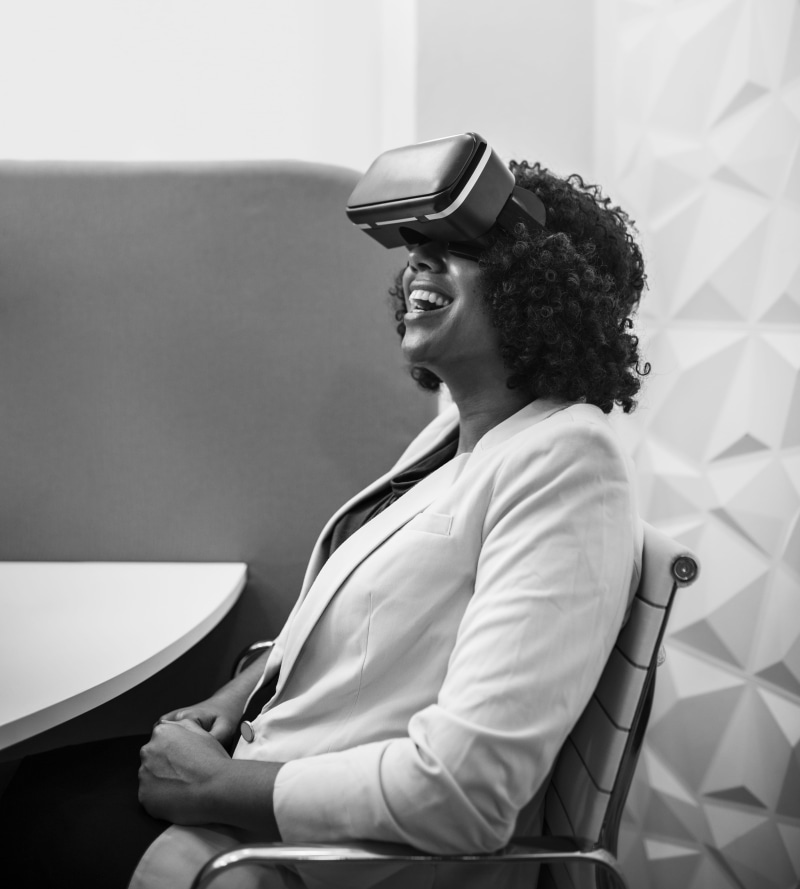 happiness, portrait, enjoying, real people, facial expression, virtual reality, wearing, woman, vr, virtual, black and white, 4K, reality, women, furnitures
