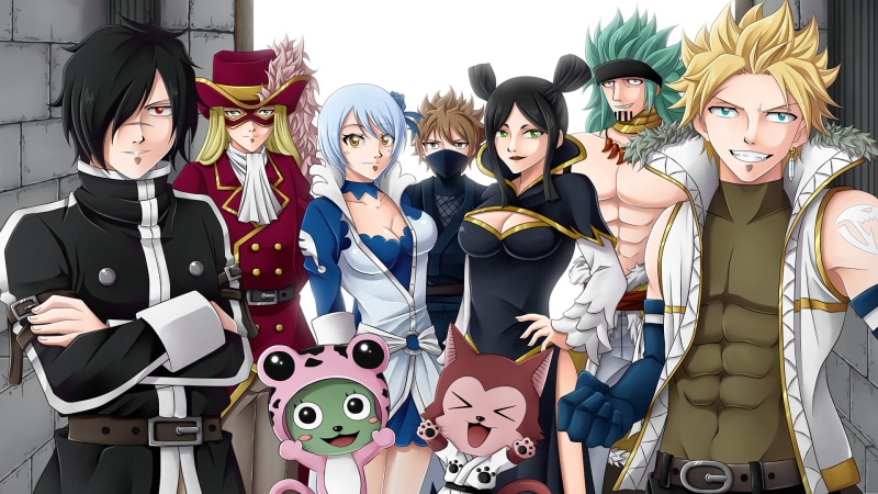 celebration, group of people, Dobengal (Fairy Tail), Rogue Cheney, Rufus Lore, fashion, Sting Eucliffe, costume, 1080P, creativity, Frosch (Fairy Tail)