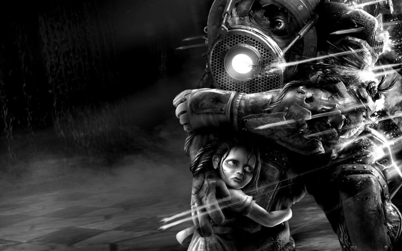 video games, BioShock, Big Daddy, monochrome, Little Sister, 720P