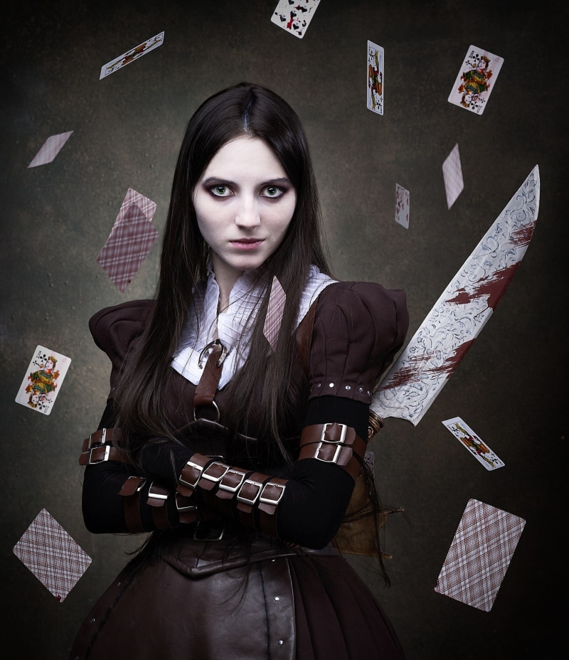 black background, front view, standing, beautiful woman, beauty, model, digital composite, Alice Through the Looking Glass, looking at camera, portrait