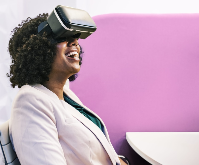 cyberspace, indoors, black, connection, enjoying, good time, hair, funny, mid adult, amusement, standing, looking, virtual reality simulator, digital, european