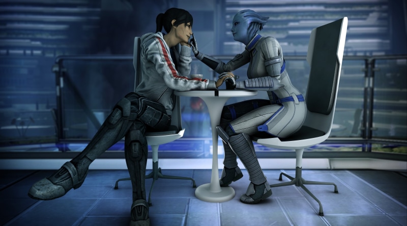 mass effect, two people, asari, business, liara, seat, shoe, indoors, two, communication, males, sitting, young adult, full length, occupation