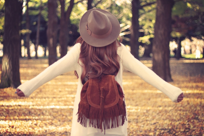 plant, fashion, young Adult, sun hat, 1080P, real people, happiness, sun, autumn, children only, woman, focus on foreground, tree, dress, rear view, leisure activity