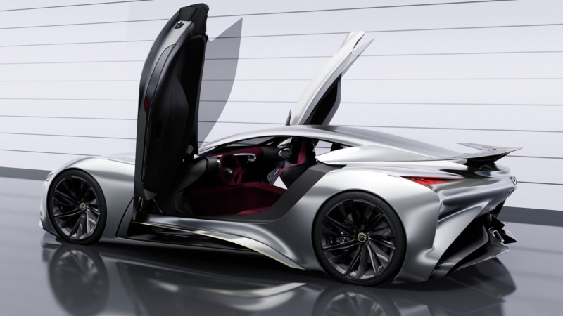 outdoors, motor vehicle, Infiniti Vision GT, reflection, land vehicle, wheel, 1080P, racecar, silver colored, speed, helmet, sports helmet, gray, mode of transportation