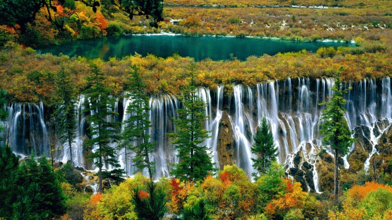 beautiful, autumn collection, tranquil scene, beauty in nature, waterfall, tranquility, environment, sichuan, forest, flowing water, 2K, hd