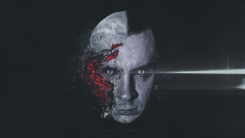 rap, dark, futuristic, Cyberpunk 2077, studio shot, indoors, face paint, body paint, art and craft, portrait, human face, close-up, body part, make-up