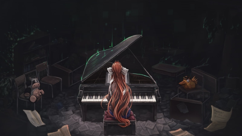 full length, leisure activity, real people, front view, lifestyles, Monika (Doki Doki Literature Club), dark, women, sitting, Doki Doki Literature Club