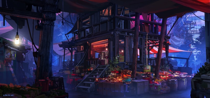 concept art, 1080P, digital, artwork, Market, Andreas Rocha