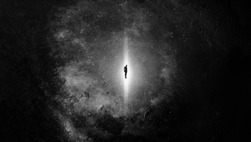 milky way, 5K, beauty in nature, dark, silhouette, light at the end of the tunnel, outdoors, space, standing, star, space and astronomy, galaxy, mystery