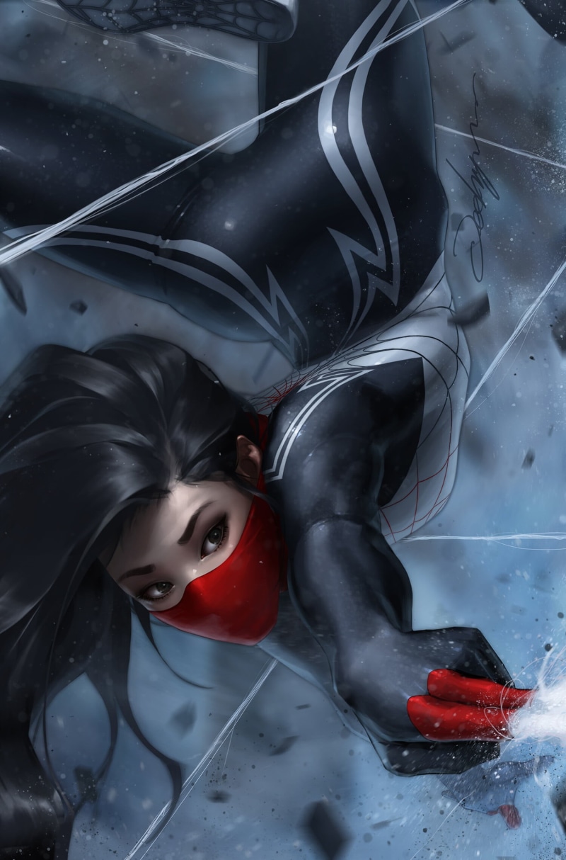 women, dark hair, mask, Silk (Marvel character), 1080P, comic art, JeeHyung lee, Marvel Comics, fantasy girl