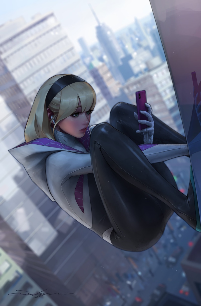 portrait display, Spider Gwen, Spider-Gwen, JeeHyung lee, digital painting, ArtStation, green eyes, Gwen Stacy, iPhone, city, Marvel Comics, blonde, phone