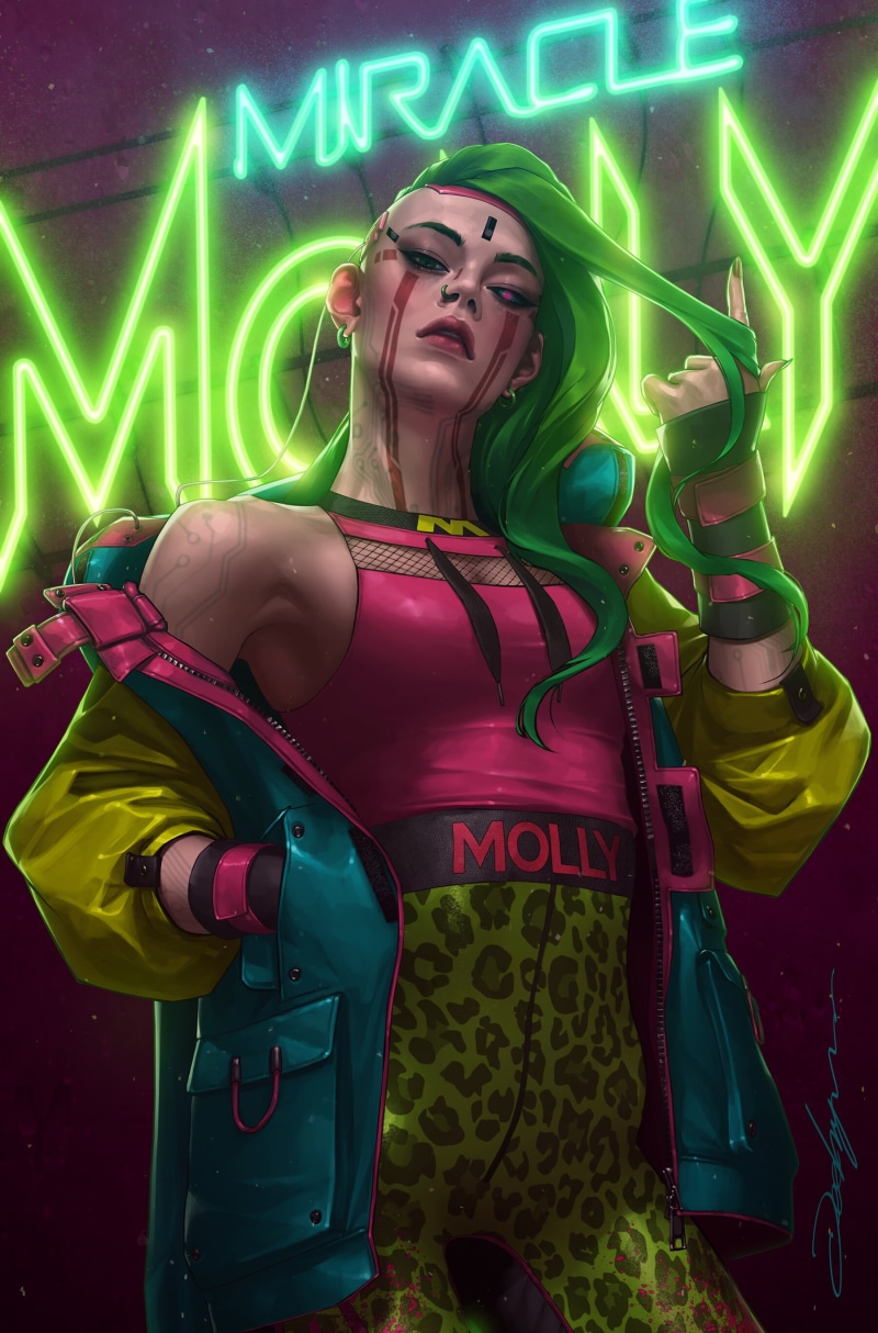 looking at viewer, women, JeeHyung lee, artwork, green hair, standing, piercing, long hair, ArtStation, 2K
