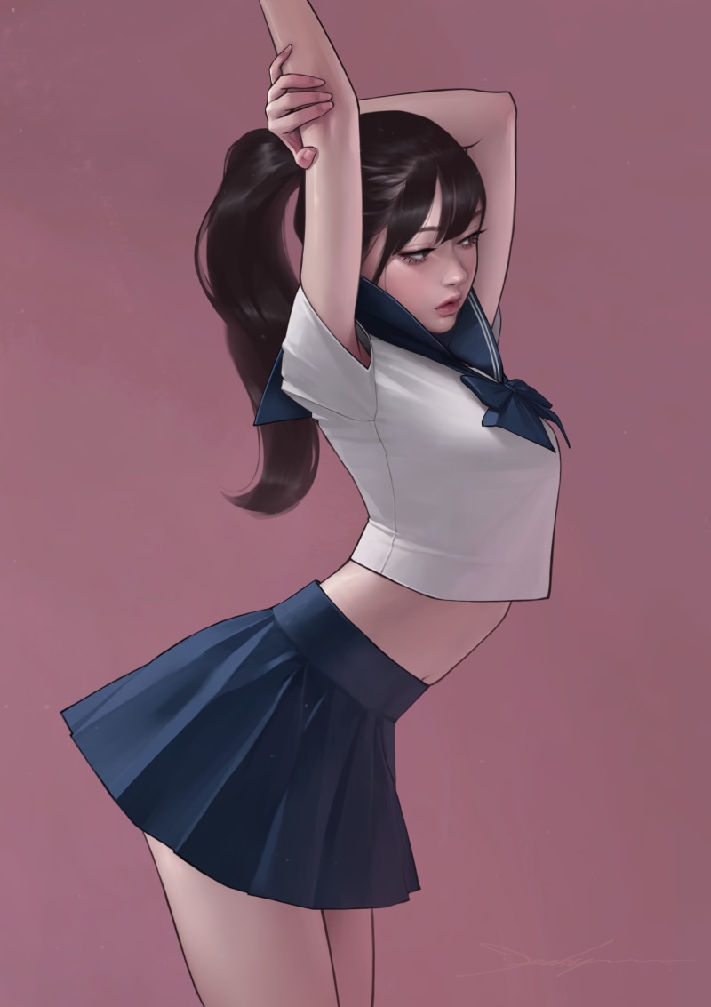 artwork, skirt, illustration, long hair, sailor uniform, JeeHyung lee, 2K, digital art