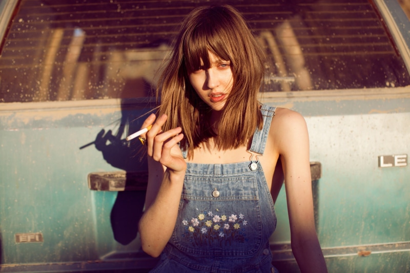 overalls, 1080P, cigarettes, women, looking at viewer, brunette, blue eyes, smoking, Caucasian