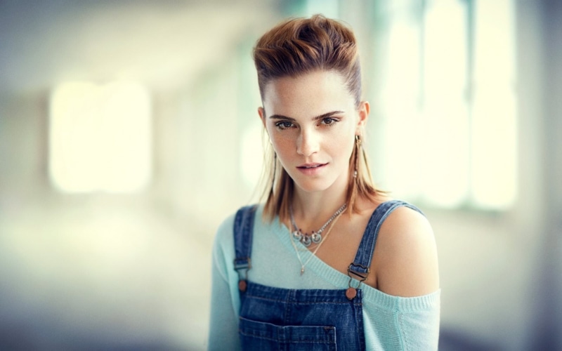 beautiful people, necklace, hair, contemplation, focus on foreground, portrait, Emma Watson, actress, brown hair, bare shoulders, looking at camera, beauty