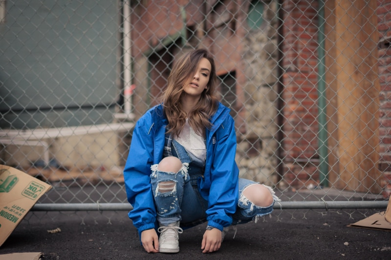 1080P, blue jacket, women, sneakers, torn jeans, hair in face, model, outdoors, overalls, brunette