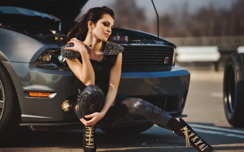 women with cars, colored, overalls, women, luxury, Sati Kazanova, 2K, studs, portrait, sleeved, beautiful woman, people, brunette, adult, black, Ford Mustang