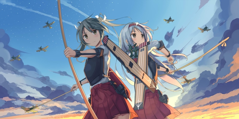 blue, real people, Shoukaku (KanColle), digital, mountain, anime, outdoors, low angle view, female, two, Kantai Collection, women, Zuikaku (KanColle), leisure activity