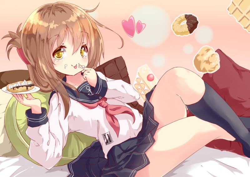 clothing, celebration, blond hair, costume, women, school uniform, loli, fashion, Inazuma (KanColle), digital composite, representation, standing, nature