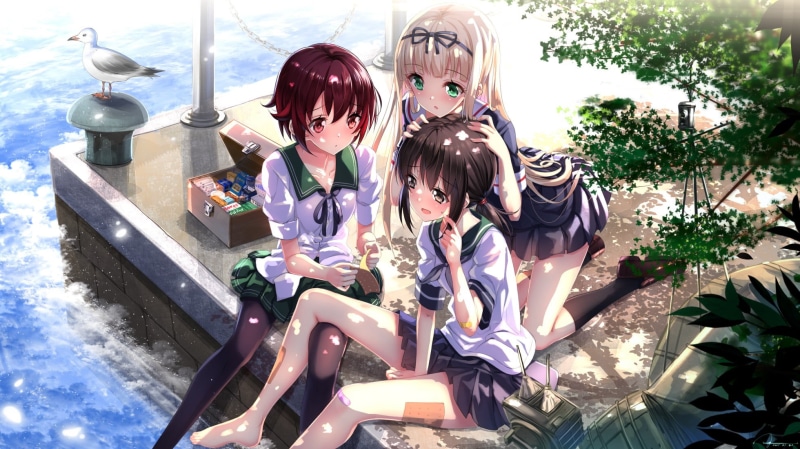 water, three, togetherness, lifestyles, sheet, birds, Fubuki (KanColle), looking at camera, sitting, Yuudachi (KanColle), Band-Aid, childhood, thigh-highs