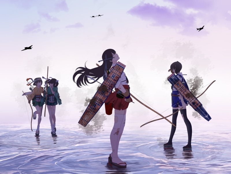group of people, 720P, group of animals, flying, nature, real people, Kaga (KanColle), day, Souryuu (KanColle), women, vertebrate, Hiryuu (KanColle), full length