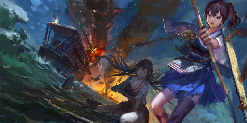 water, bow, war, one person, two, characters, real people, female, anime, Akagi (KanColle), leisure activity, clothing, 1080P, outdoors, adult, women