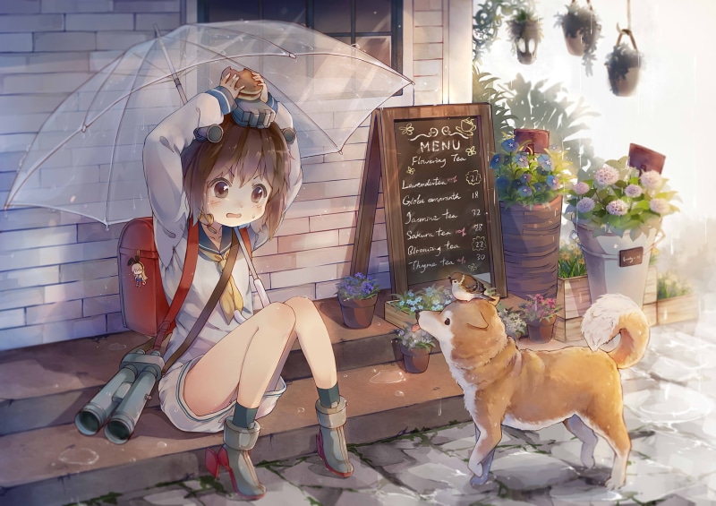Kantai Collection, umbrella, dog, Shimakaze (Kancolle), food, sitting, anime, Yukikaze (KanColle), open mouth, schoolgirl, 720P, loli, short hair, legs