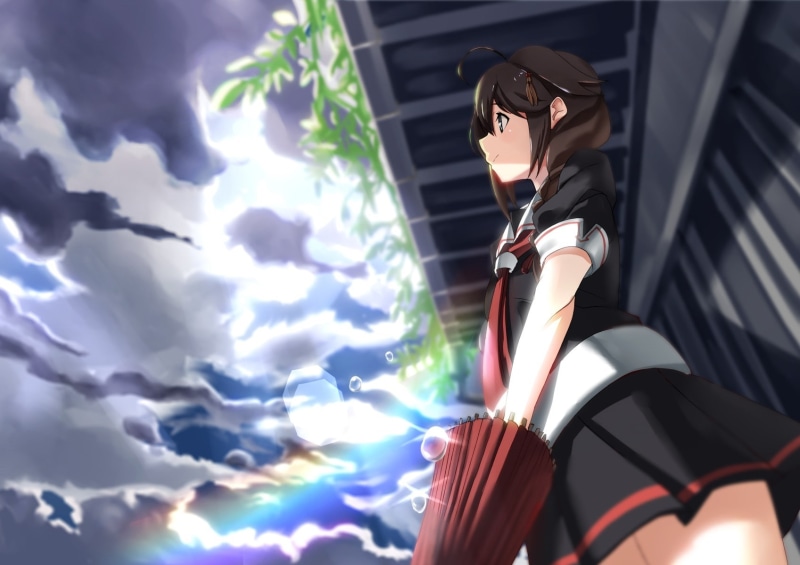umbrella, Kantai Collection, sky, 720P, anime, clouds, Shigure (KanColle), anime girls