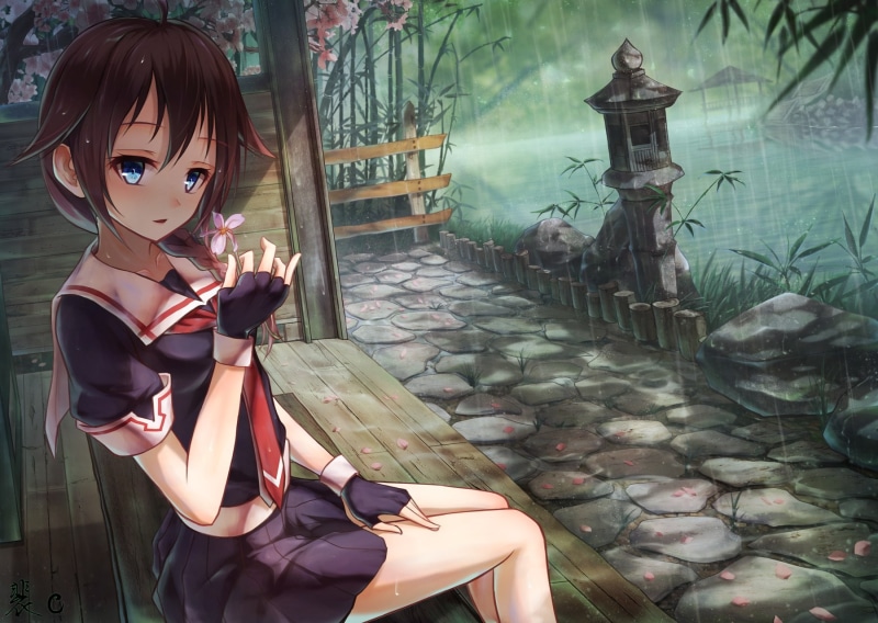 women, representation, anime girls, real people, child, portrait, front view, holding, standing, architecture, one person, 720P, childhood, Shigure (KanColle)