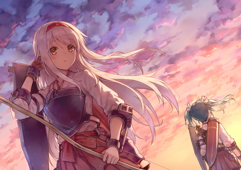 outdoors, art and craft, woman, sky, Shoukaku (KanColle), bow, statue, cloud - sky, creativity, Kantai Collection, sunlight, real people, lifestyles, sunset