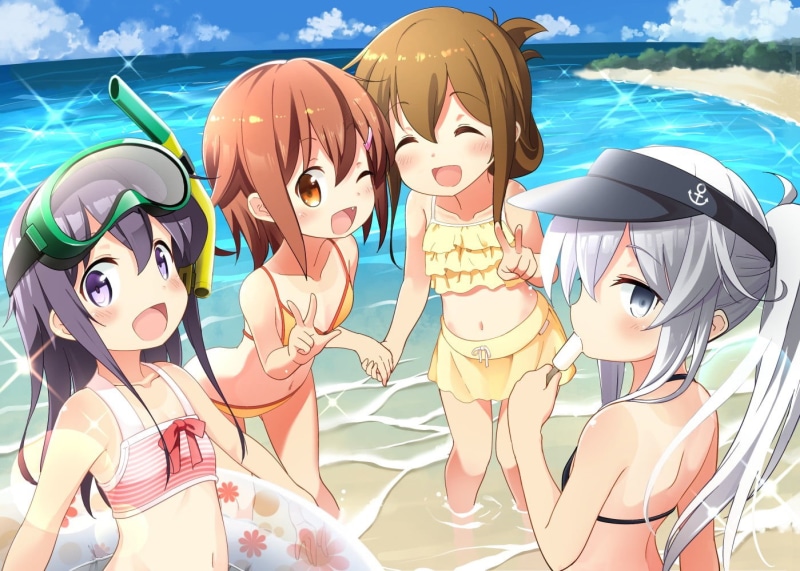 Inazuma (KanColle), Kantai Collection, day, no people, choice, water, female likeness, focus on foreground, inflatable, Akatsuki(Kancolle), representation