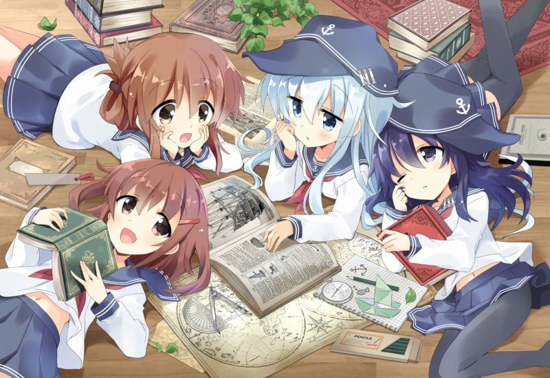 Hibiki (KanColle), day, miniskirt, on the floor, Inazuma (KanColle), no people, 720P, human representation, wealth, celebration, paper currency, high angle view