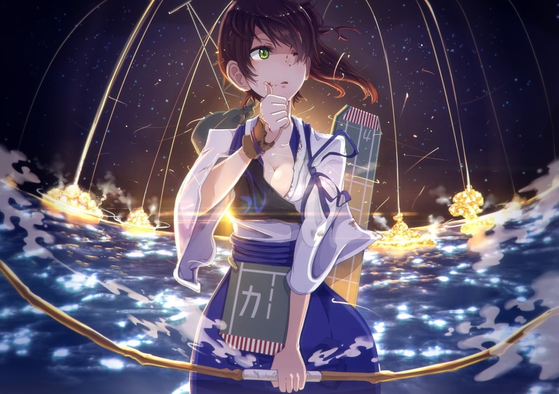 technology, sky, real people, waist up, communication, Kaga (KanColle), haired, torn clothes, 720P, night, black background, childhood, Kantai Collection
