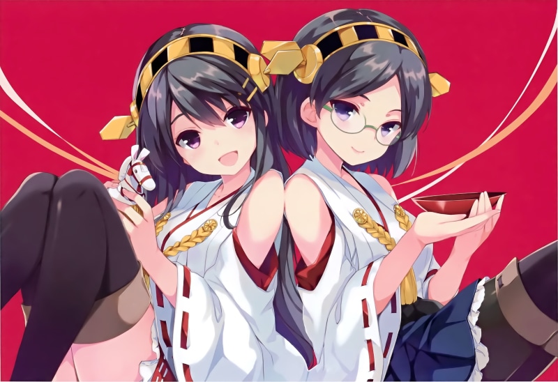 anime girls, miko, Kirishima (KanColle), Haruna (KanColle), 1080P, Kantai Collection, thigh-highs, anime