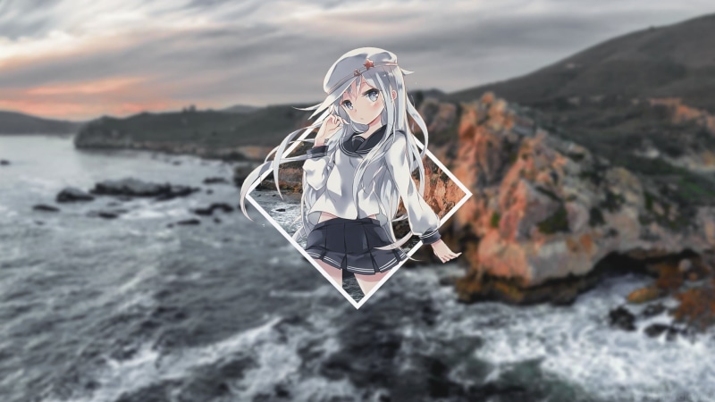 focus on foreground, anime, one person, real people, lifestyles, water, 1080P, holding, Hibiki(Kancolle), anime girls, scarf, cloud - sky, Kantai Collection