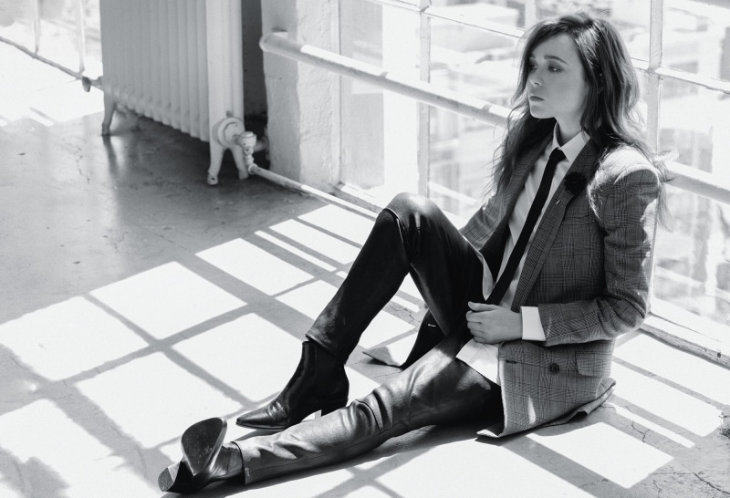 radiator, tie, sitting, 1080P, monochrome, on the floor, actress, celebrity, Ellen Page