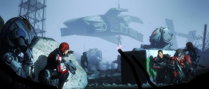 Commander Shepard, science fiction, street, Mass Effect 3, crowd, 2K, built structure, nature, Garrus Vakarian, people, group, lifestyles, artwork, architecture