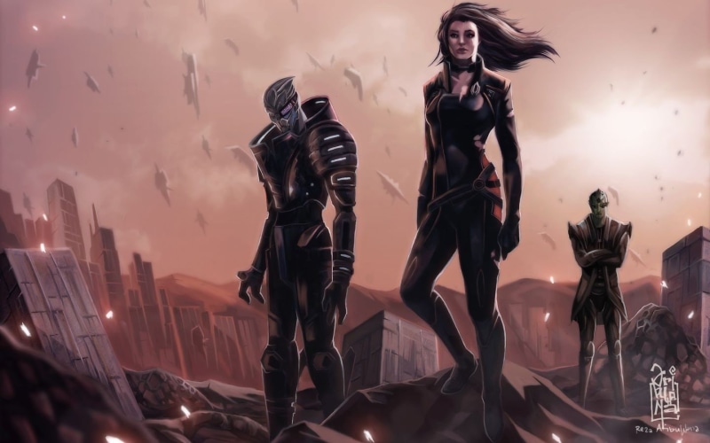 standing, representation, leisure activity, Mass Effect 2, women, people, clothing, Garrus Vakarian, three, young women, adult, front view, Mass Effect 3