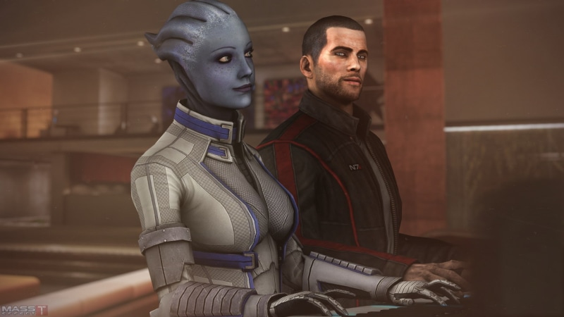 indoors, men, young adult, Commander Shepard, people, clothing, looking, young men, portrait, leather, contemplation, Liara TSoni, two people, looking away