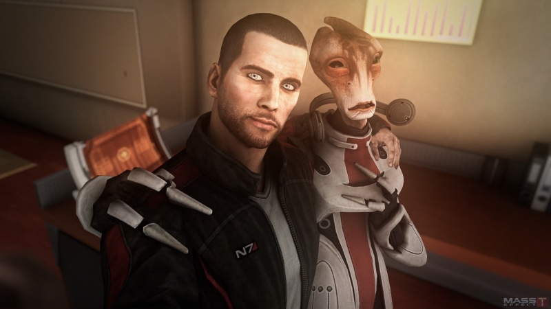 fictional, adult, men, two people, digital, holding, video games, togetherness, love, emotion, smiling, beard, clothing, Mordin Solus, portrait, selfies