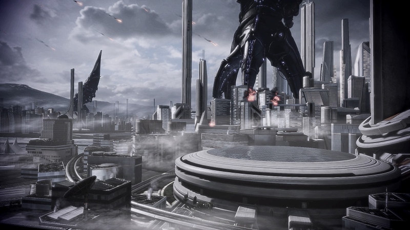 grayscale, 1080P, sculpture, representation, day, nature, office building exterior, photo, fountain, skyscraper, sky, video games, building, Reapers, outdoors