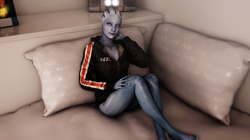 mass effect, illustration, technology, effect, front view, mass, Liara T Soni, female likeness, art and craft, smile, look, three quarter length, male likeness