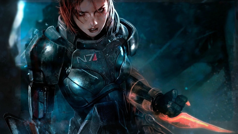 one person, woman, beautiful woman, 1080P, indoors, holding, blue, water, Fem Shep, leather, lifestyles, armor, clothing, young women, adult